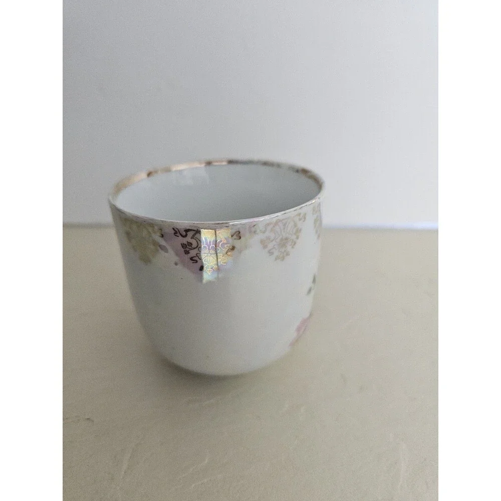 Vintage German Iridescent Cup With Flowers, Fruit, and Gold Details